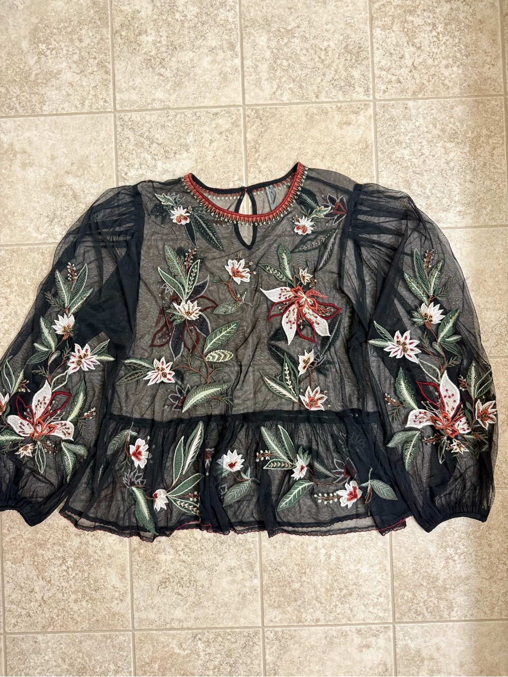 Anthropologie Long-Sleeve Mesh Babydoll Top